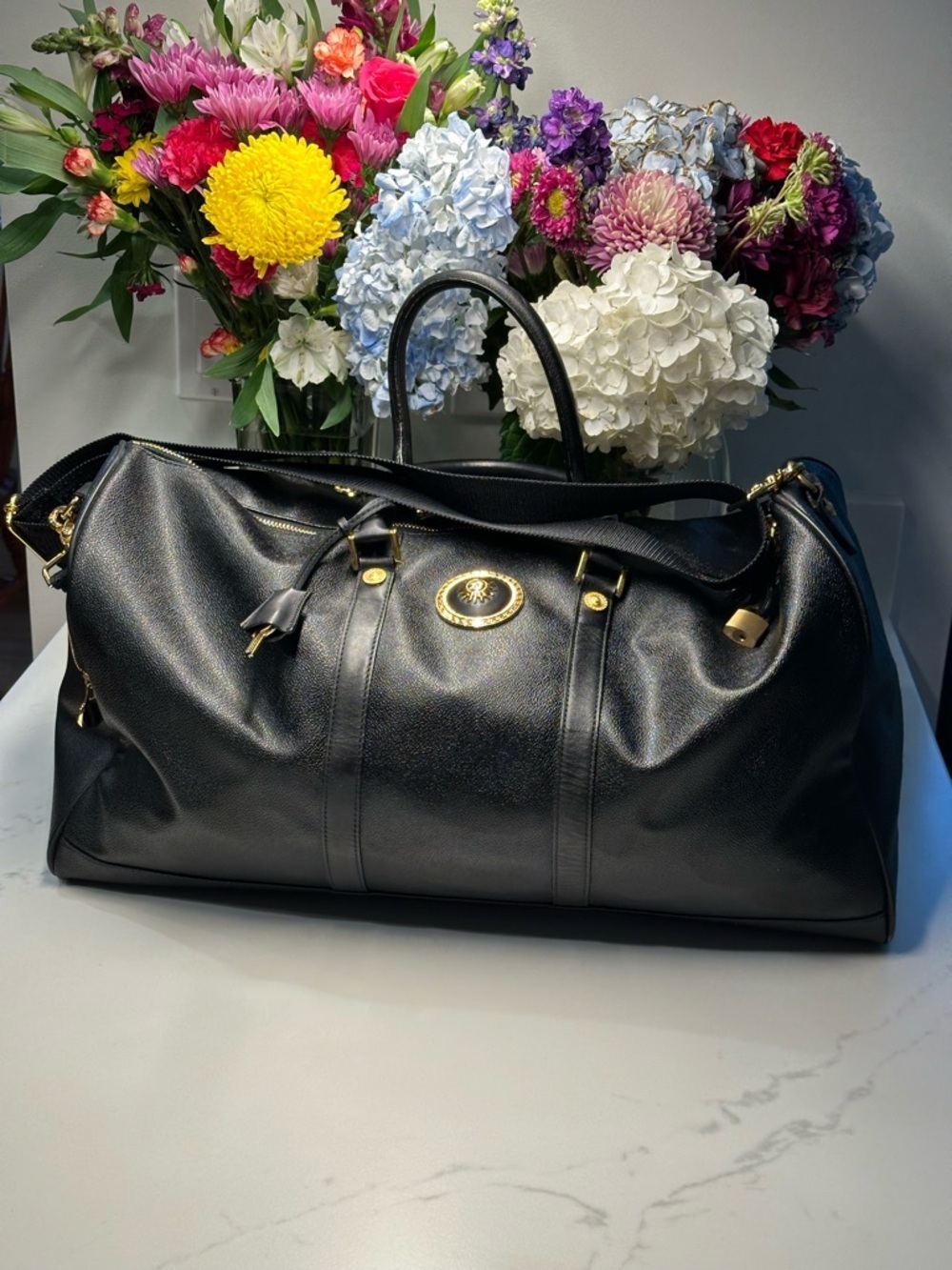 Versace Unisex Black Leather Duffel with Gold Medallion